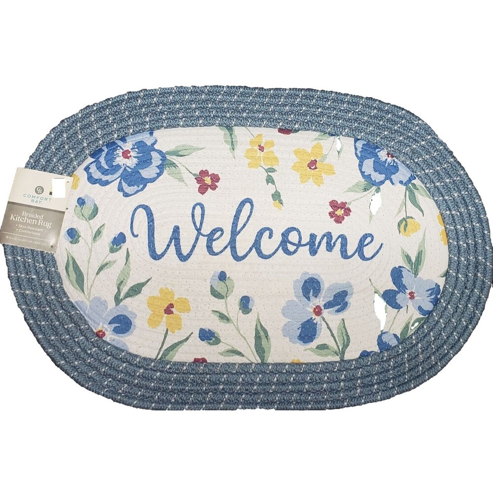 Oval Braided Kitchen Accent Rug (18" x 27") MULTICOLOR FLOWERS, WELCOME, CB